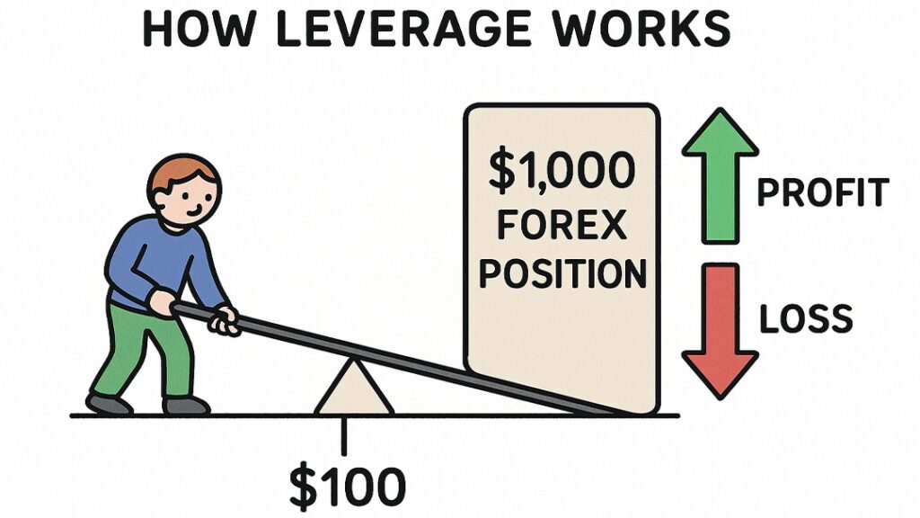 Forex leverage explained: $100 controls $1,000 position with profit or loss