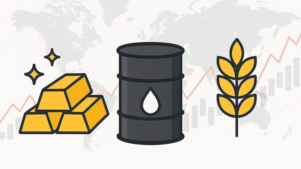 Gold bars, oil barrel, and wheat symbolizing commodity markets