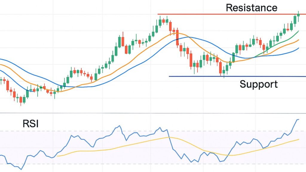 RSI and moving averages showing support and resistance in forex trading