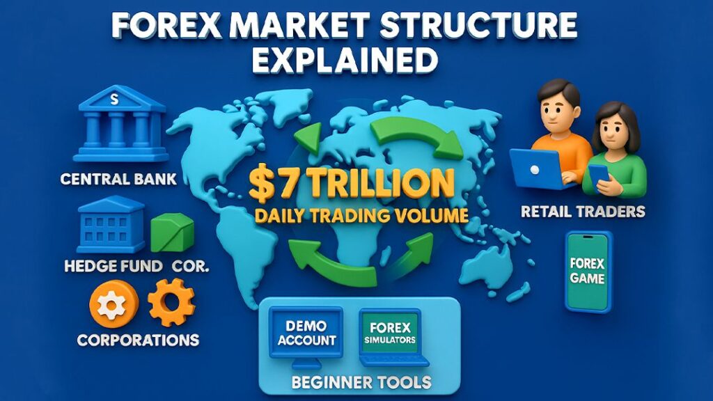 Forex market structure explained with $7 trillion daily trading volume and main participants