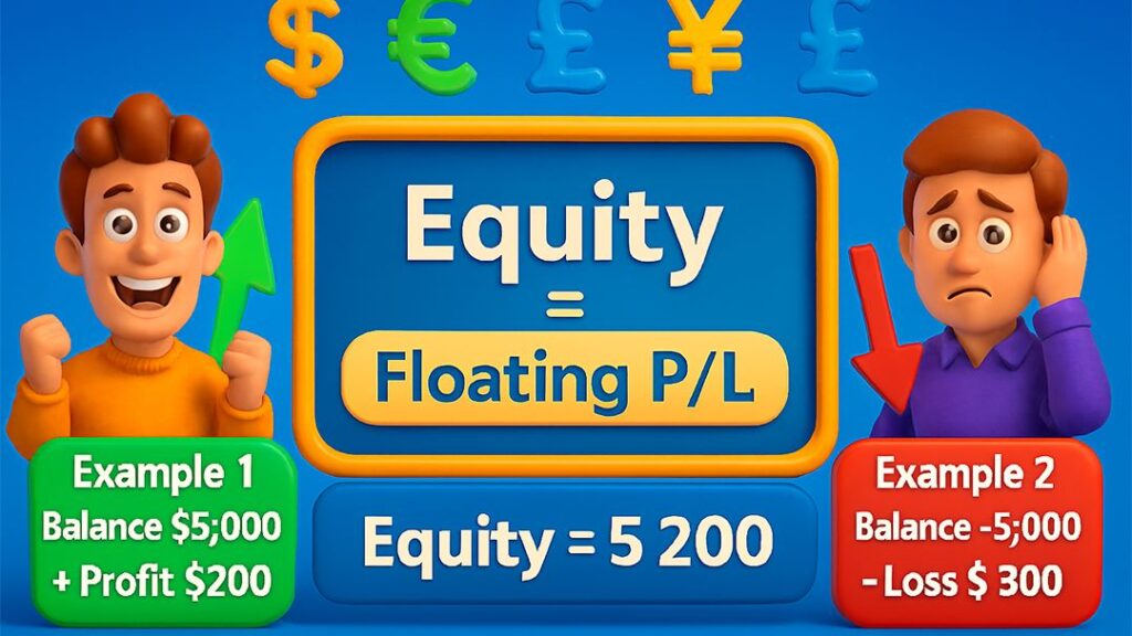 Forex equity explained with examples: balance $5,000 + profit $200 = equity $5,200, and balance $5,000 – loss $300 = equity $4,700