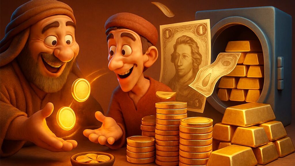 Ancient barter trade evolving into gold and silver as early currencies