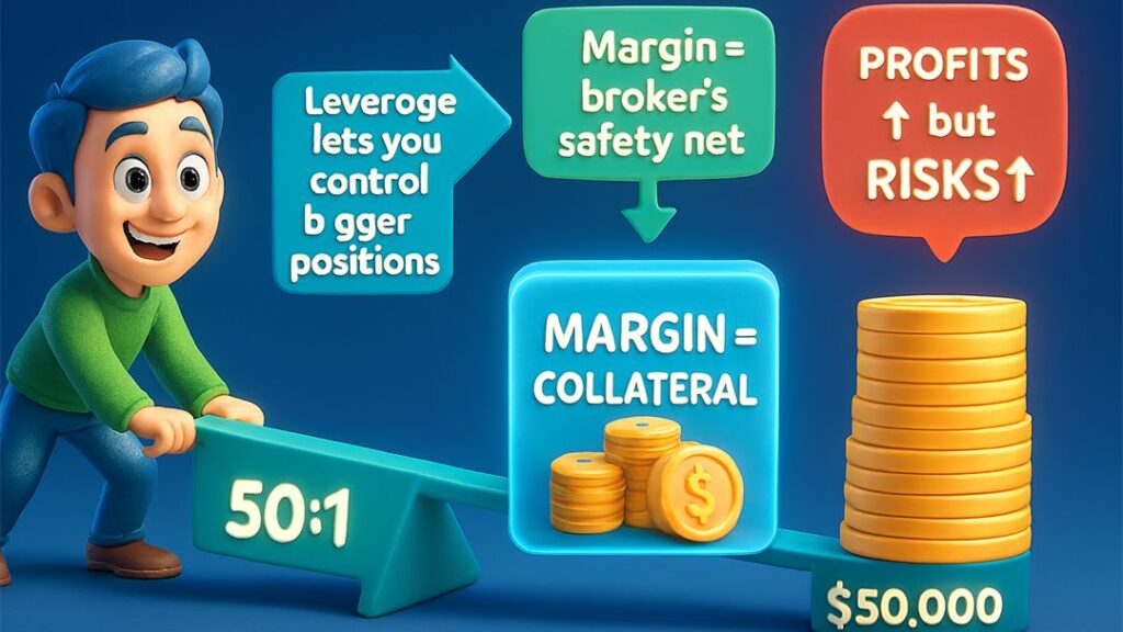 Illustration of Forex margin trading with 50:1 leverage. A trader balances margin as collateral ($1,000) against a $50,000 position, showing that leverage increases both profits and risks.