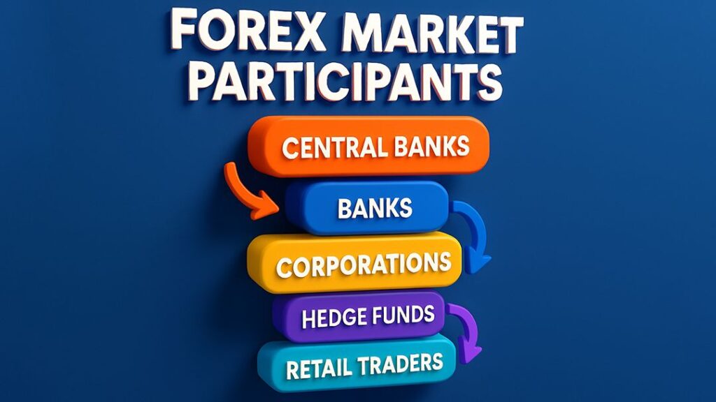 Forex market participants: central banks, banks, corporations, hedge funds, and retail traders illustrated in a hierarchy.