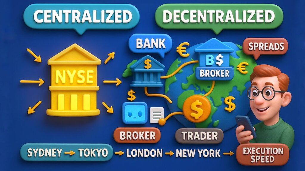Comparison of centralized market (NYSE) and decentralized Forex market with banks, brokers, traders, spreads, and global trading sessions from Sydney to Tokyo, London, and New York.
