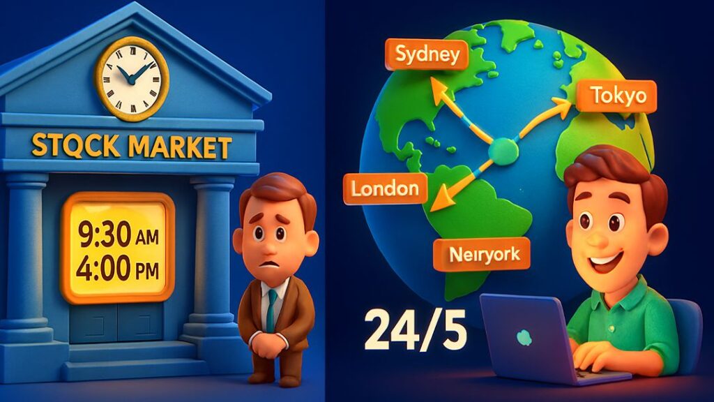 Comparison of stock market limited trading hours (9:30 AM – 4:00 PM) with Forex 24/5 global sessions including Sydney, Tokyo, London, and New York.