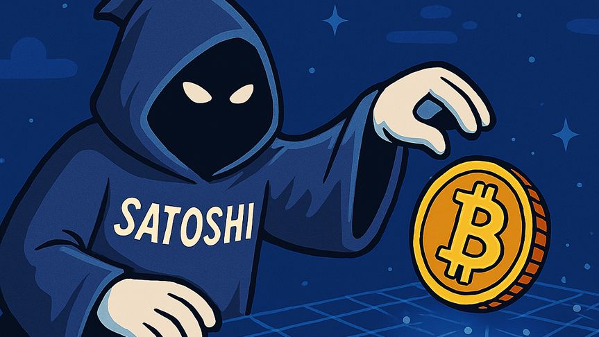 Getting started with Bitcoin illustration showing mysterious Satoshi figure holding a Bitcoin coin.