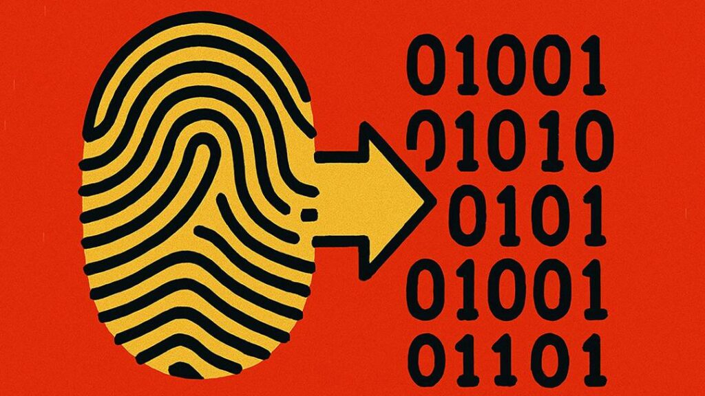 Hashing explained for Forex and crypto traders – fingerprint turning into binary code, symbolizing unique blockchain hashes.