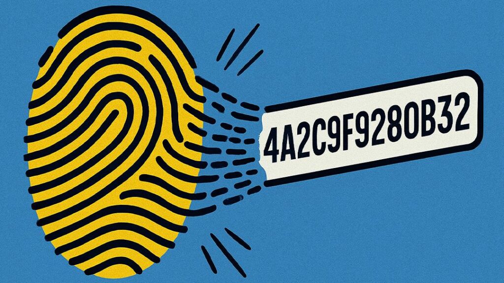 Hashing example with fingerprint and hash code 4A2C9F9280B32 illustrating how hashing works in blockchain, crypto, and Forex security.