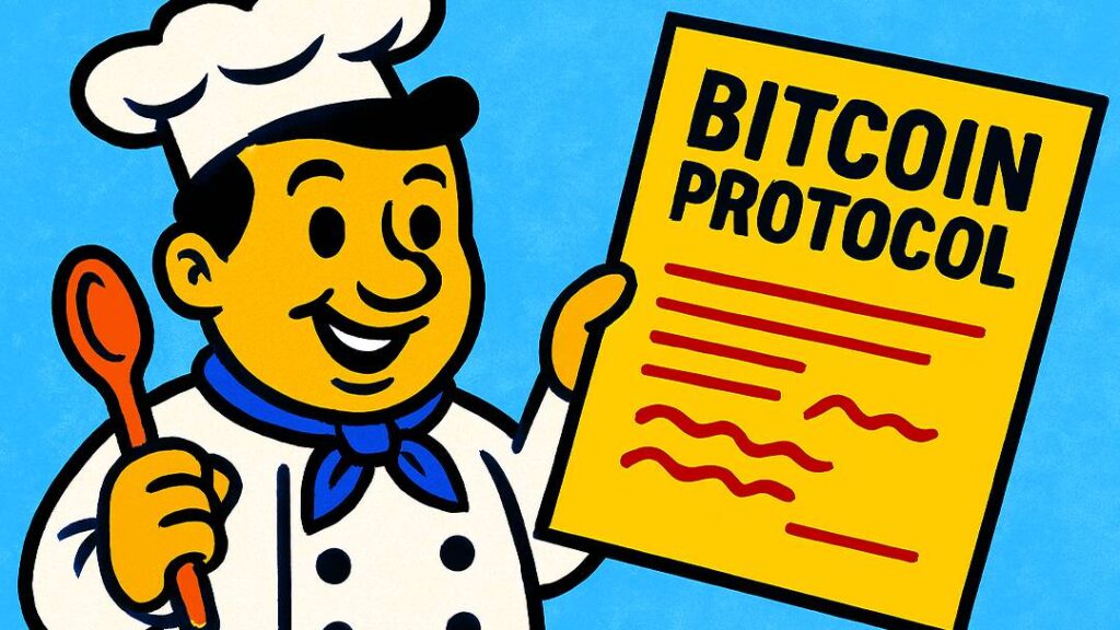 Bitcoin system explained as a recipe — cartoon chef holding a sheet labeled Bitcoin Protocol.
