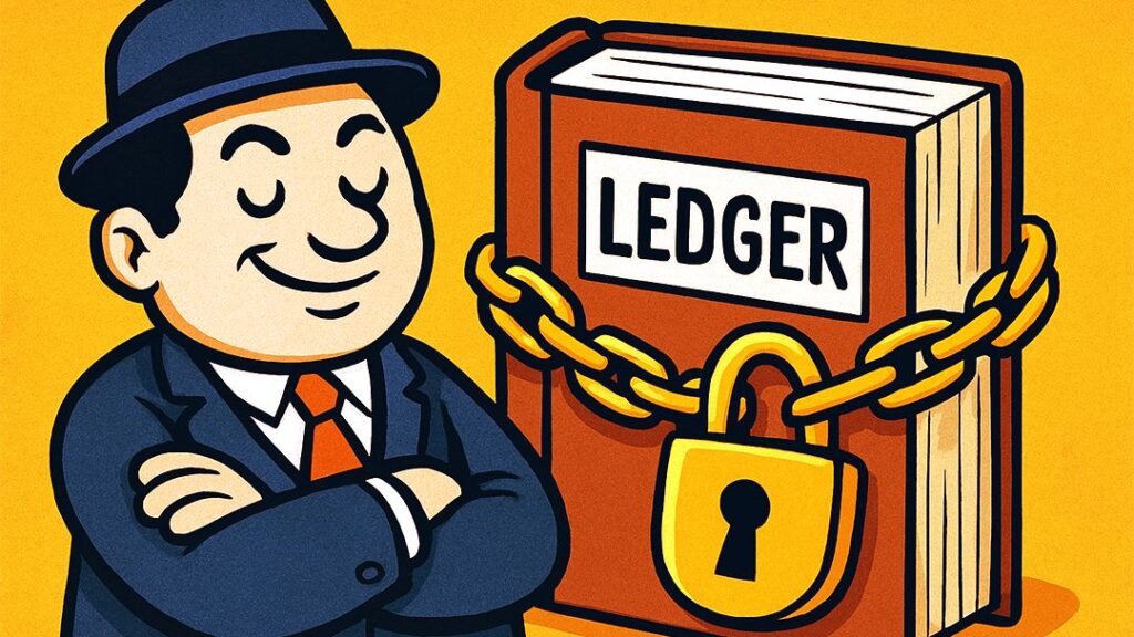 Traditional centralized ledger controlled by a banker, illustrating the difference from distributed ledger explained in modern finance.