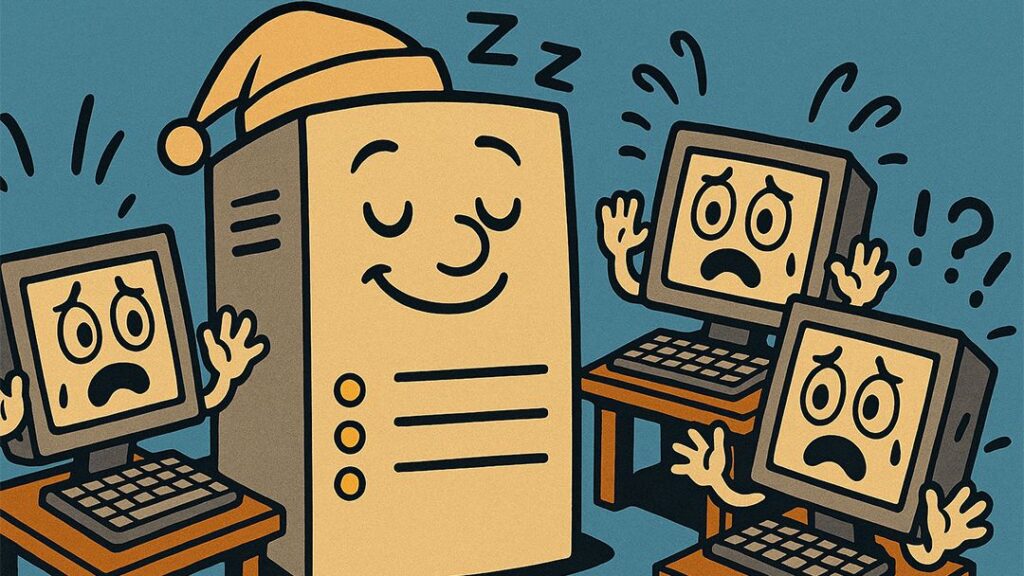 Illustration of a central server sleeping while client computers panic, symbolizing the weakness of client-server networks compared to Bitcoin’s peer-to-peer system.