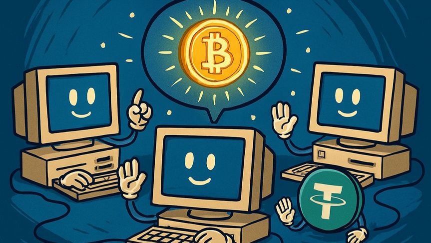 Cryptocurrency explained with blockchain computers verifying Bitcoin and Tether transactions
