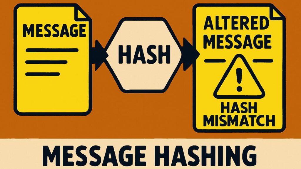 Visual diagram showing message hashing and altered message detection