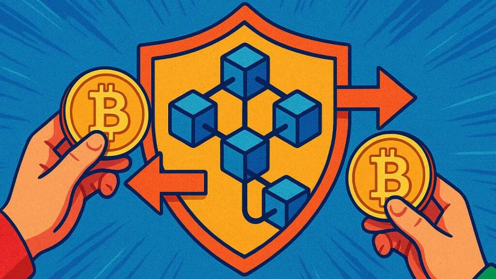 What problems did Bitcoin solve — illustration of blockchain security with shield and Bitcoin coins showing protection from double-spending.