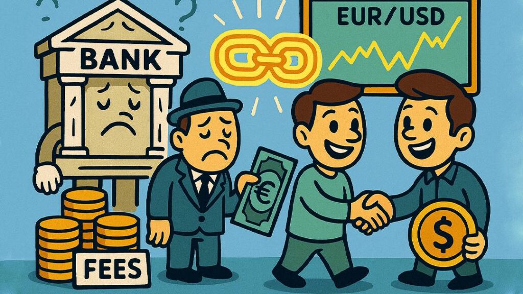 lockchain in Forex trading removing banks and fees — illustration of peer-to-peer EUR/USD exchange with transparency and trustless transactions.