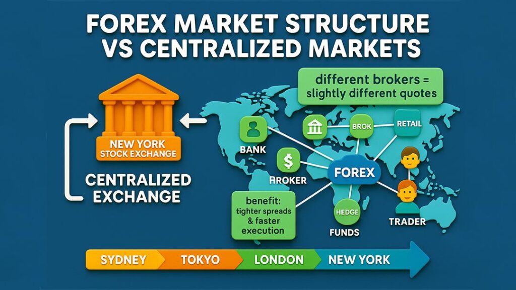 Forex market structure vs centralized markets illustrated with New York Stock Exchange, banks, brokers, hedge funds, and retail traders, showing decentralized Forex benefits like tighter spreads and faster execution