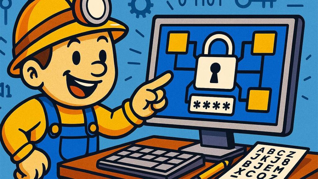Cartoon miner explaining blockchain security and encryption on computer screen