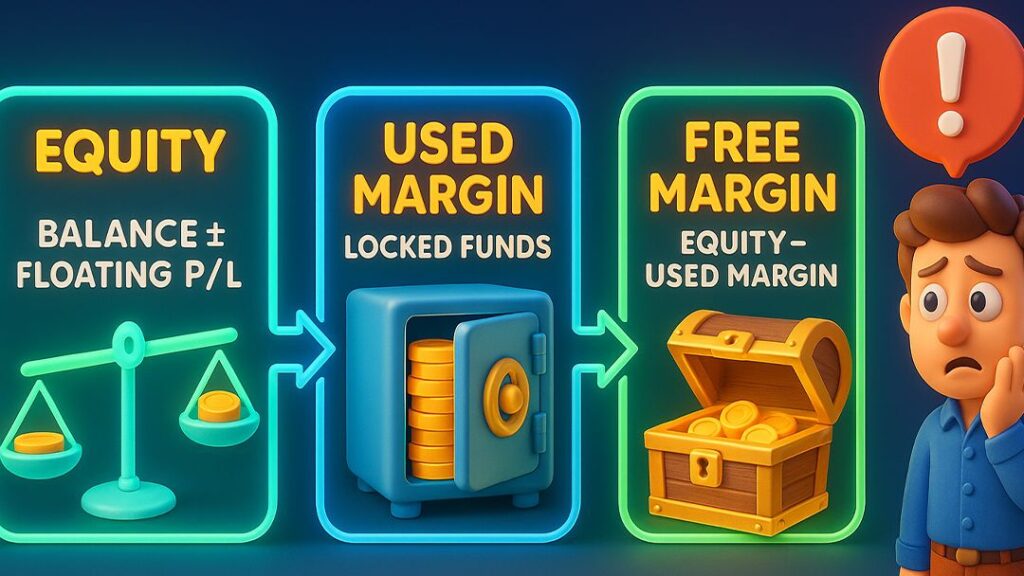 Forex equity, used margin, and free margin explained with icons: equity = balance ± floating P/L, used margin = locked funds, free margin = equity – used margin