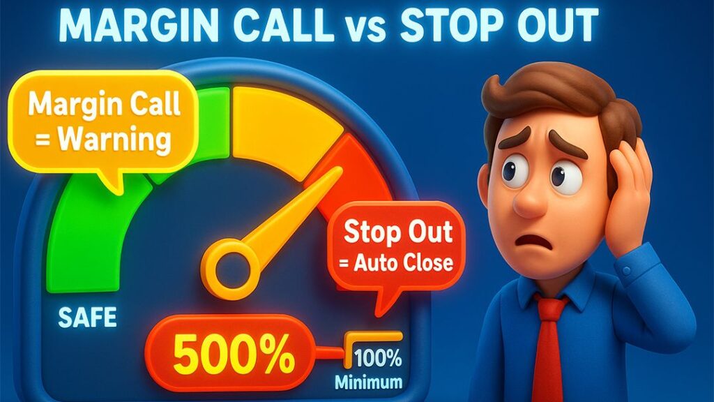 Illustration explaining Forex margin call versus stop out level with 500% gauge, warning sign and auto close indicator