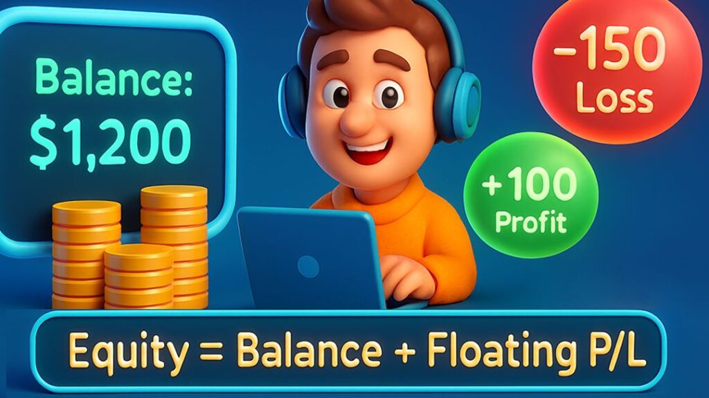 Forex concept illustration showing equity calculation. Balance is $1,200 with +$100 unrealized profit and -$150 loss. Formula highlighted: Equity = Balance + Floating P/L.
