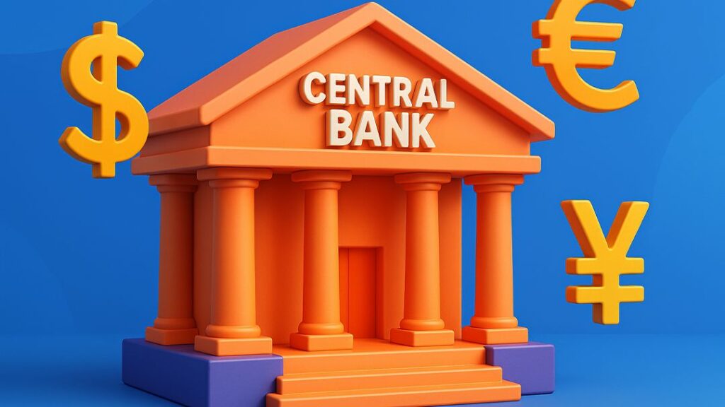 Central bank building with dollar, euro, and yen currency symbols representing the role of central banks in the Forex market.
