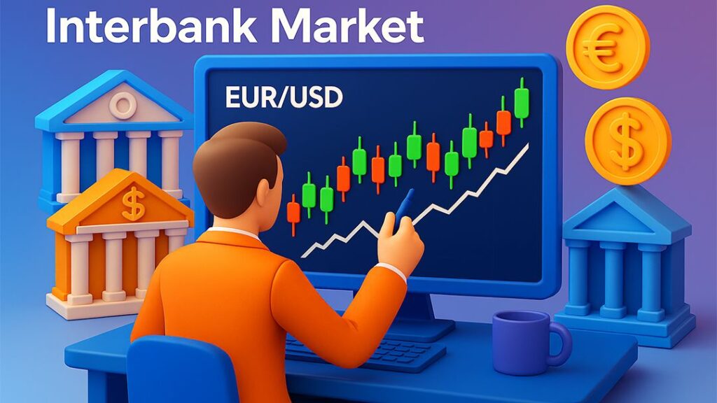 Trader analyzing EUR/USD chart on computer screen with candlestick patterns, representing the interbank Forex market structure with banks and currency symbols.