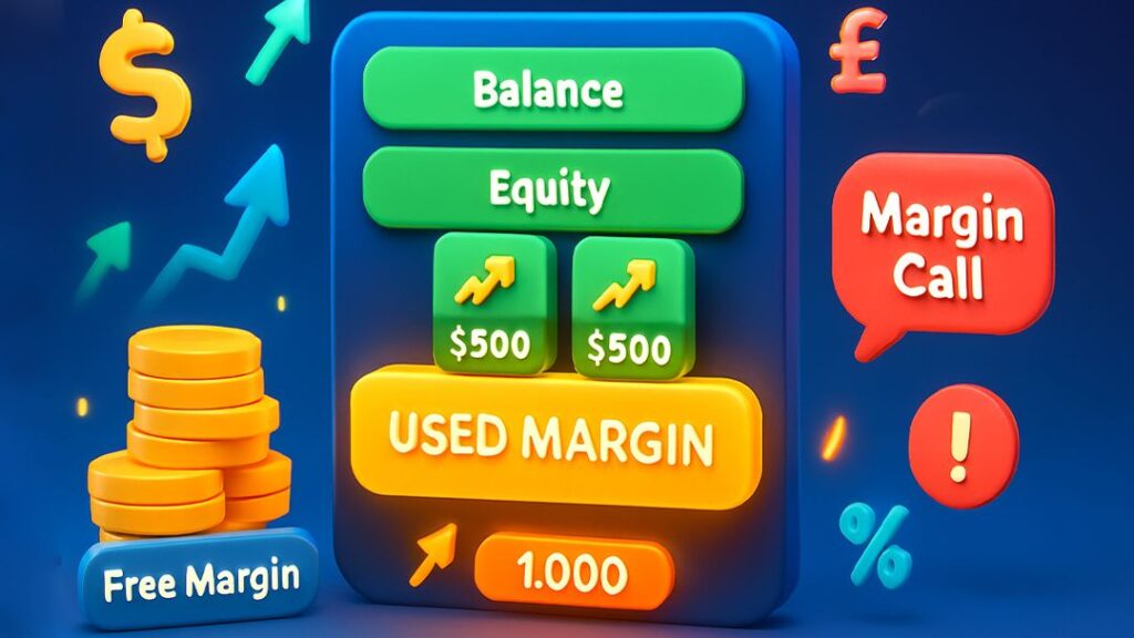 Forex trading illustration showing balance, equity, used margin, free margin and margin call warning.