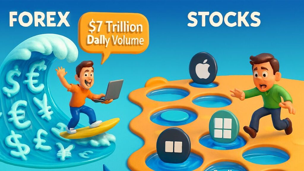 Illustration comparing Forex with $7 trillion daily volume to stocks with limited liquidity, showing a trader surfing currency symbols versus navigating fewer stock options like Apple and Microsoft.