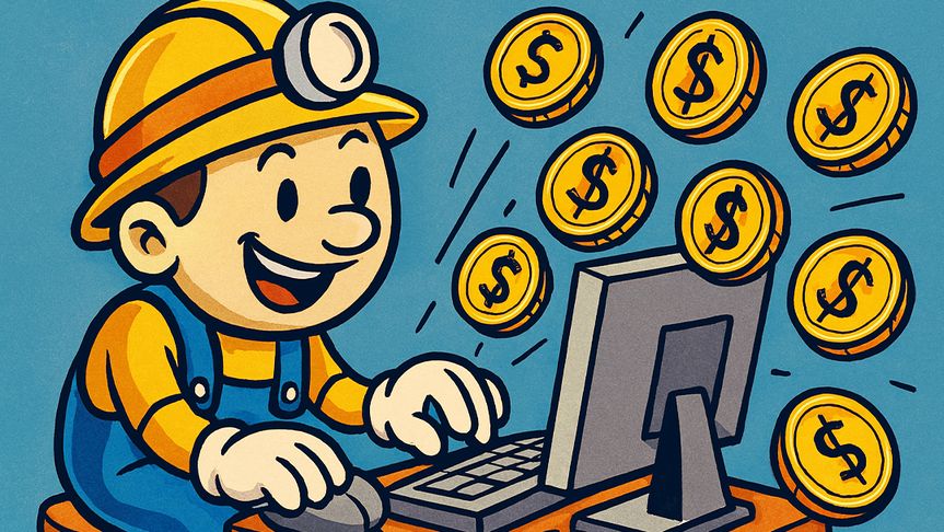 Getting started with Bitcoin mining illustration showing a miner earning coins on a computer.