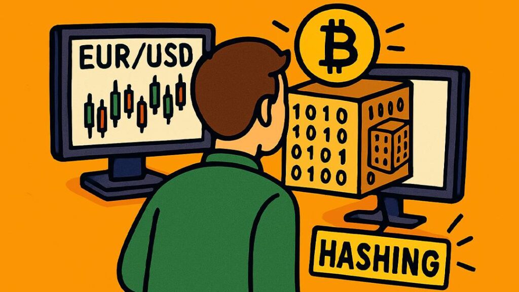 Hashing explained for Forex and crypto traders – trader watching EUR/USD chart and Bitcoin hashing process on screens.