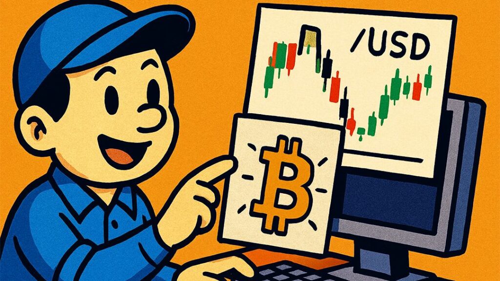 Bitcoin trading chart on computer screen with USD candlesticks, beginner learning crypto and Forex trading.