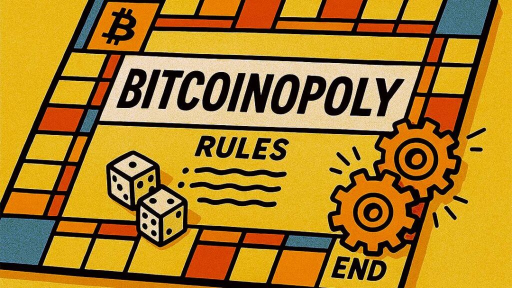 Bitcoin system explained as a board game — Monopoly-style board called Bitcoinopoly with rules and dice.
