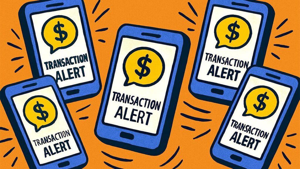 Distributed ledger transactions alert shown on multiple smartphones, symbolizing transparency and synchronization in blockchain systems.