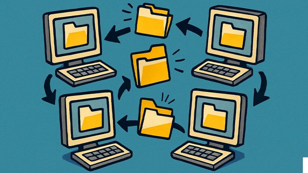 Illustration of a peer-to-peer network with multiple computers exchanging files directly, representing decentralized systems like Bitcoin.