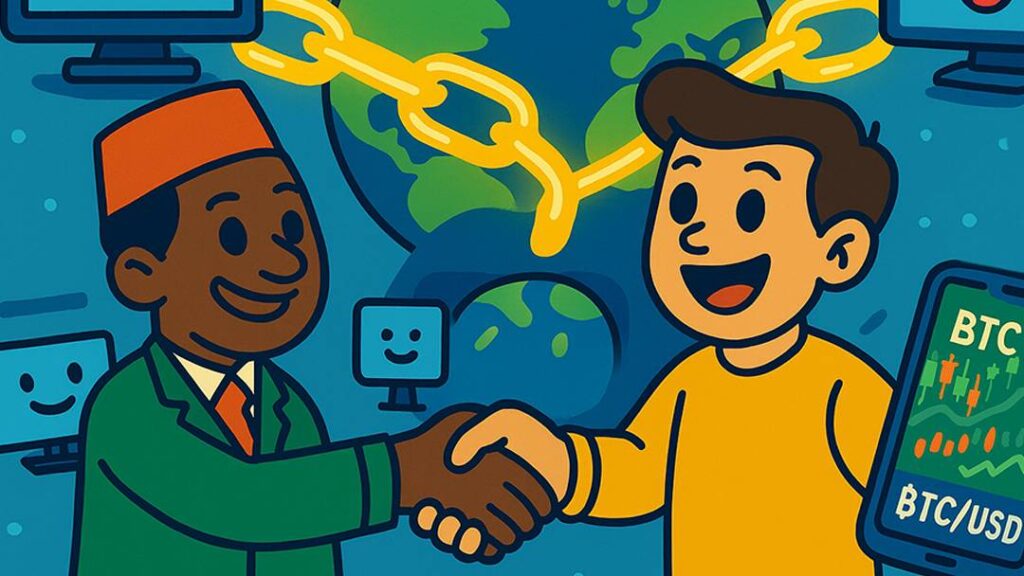Blockchain trust in Forex and crypto trading — illustration of two traders shaking hands with BTC/USD chart and global decentralized network background.