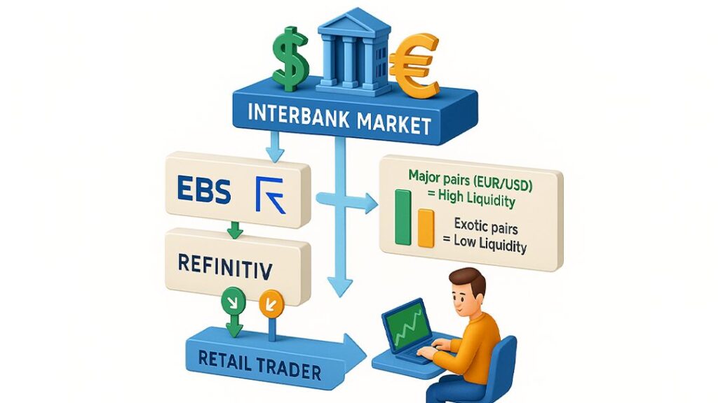 nterbank market structure in Forex with EBS and Refinitiv platforms connecting major banks to retail traders, showing high liquidity in EUR/USD and low liquidity in exotic pairs