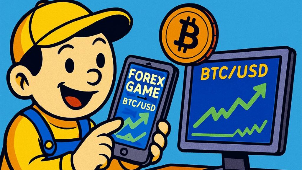 Forex Game app showing BTC/USD trading on mobile and desktop