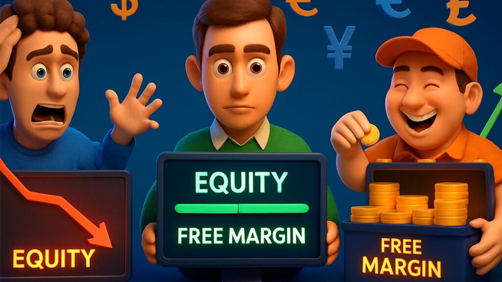 Forex equity and free margin illustration: trader panicking from falling equity, neutral trader with balance, and happy trader with growing free margin.
