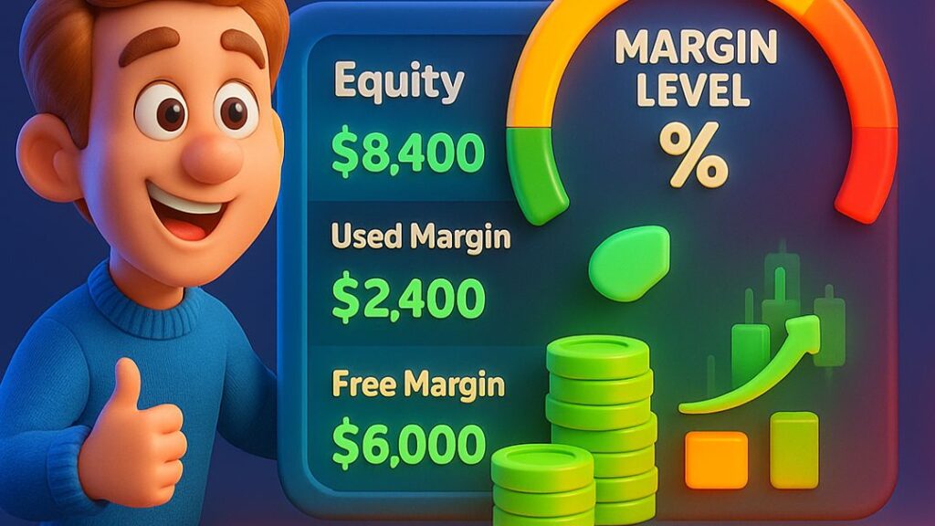 Forex trading infographic showing account equity $8,400, used margin $2,400, and free margin $6,000 with margin level percentage gauge and candlestick chart illustration.