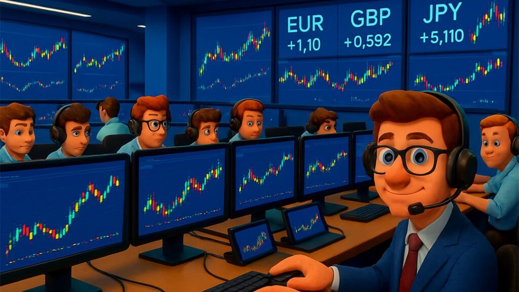 Team of bank traders in a trading room with multiple monitors showing Forex charts and currency pairs EUR, GBP, and JPY.