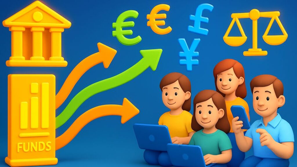 Group of retail traders using laptops and smartphones to access Forex market, with arrows from banks and funds flowing into currencies like euro, pound, and yen.
