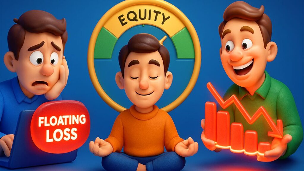 Forex illustration showing floating loss, equity balance and emotional control in trading.