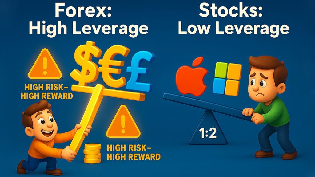 Illustration showing Forex with high leverage and high risk-high reward compared to stocks with low leverage at 1:2, highlighting the risk differences for traders.