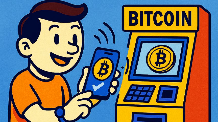 Beginner buying Bitcoin at ATM using mobile wallet illustration.