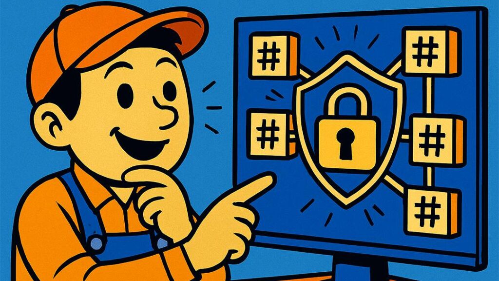 Hashing security in blockchain – trader pointing at computer screen with lock and hash symbols representing data protection.