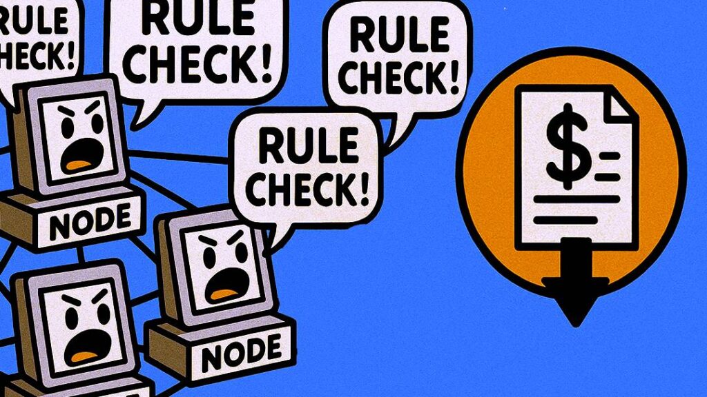 Bitcoin system explained — angry nodes shouting “rule check” to validate Bitcoin transactions.