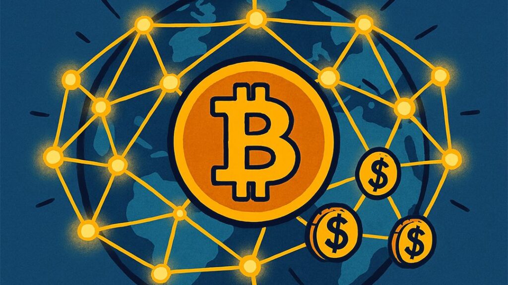 What is a Network? Illustration of a global Bitcoin peer-to-peer network connecting nodes and digital currency around the world.