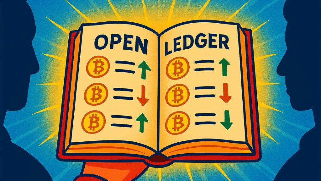 What problems did Bitcoin solve — illustration of an open ledger showing transparent Bitcoin transactions for everyone to see.
