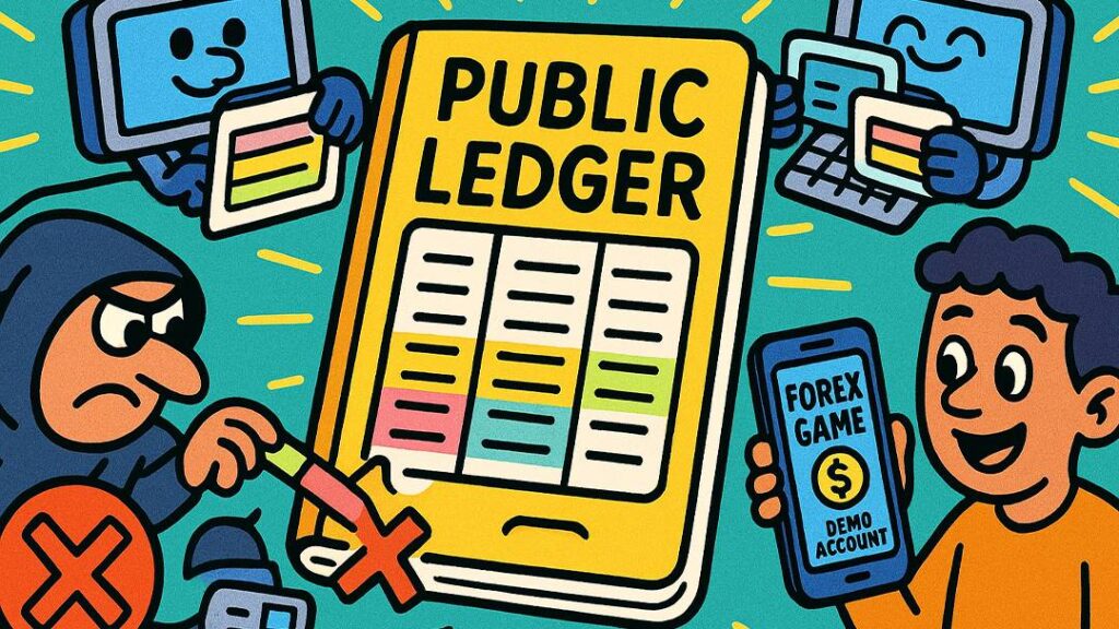 Blockchain public ledger illustration showing transparency and security in Forex trading with demo account on Forex Game app.